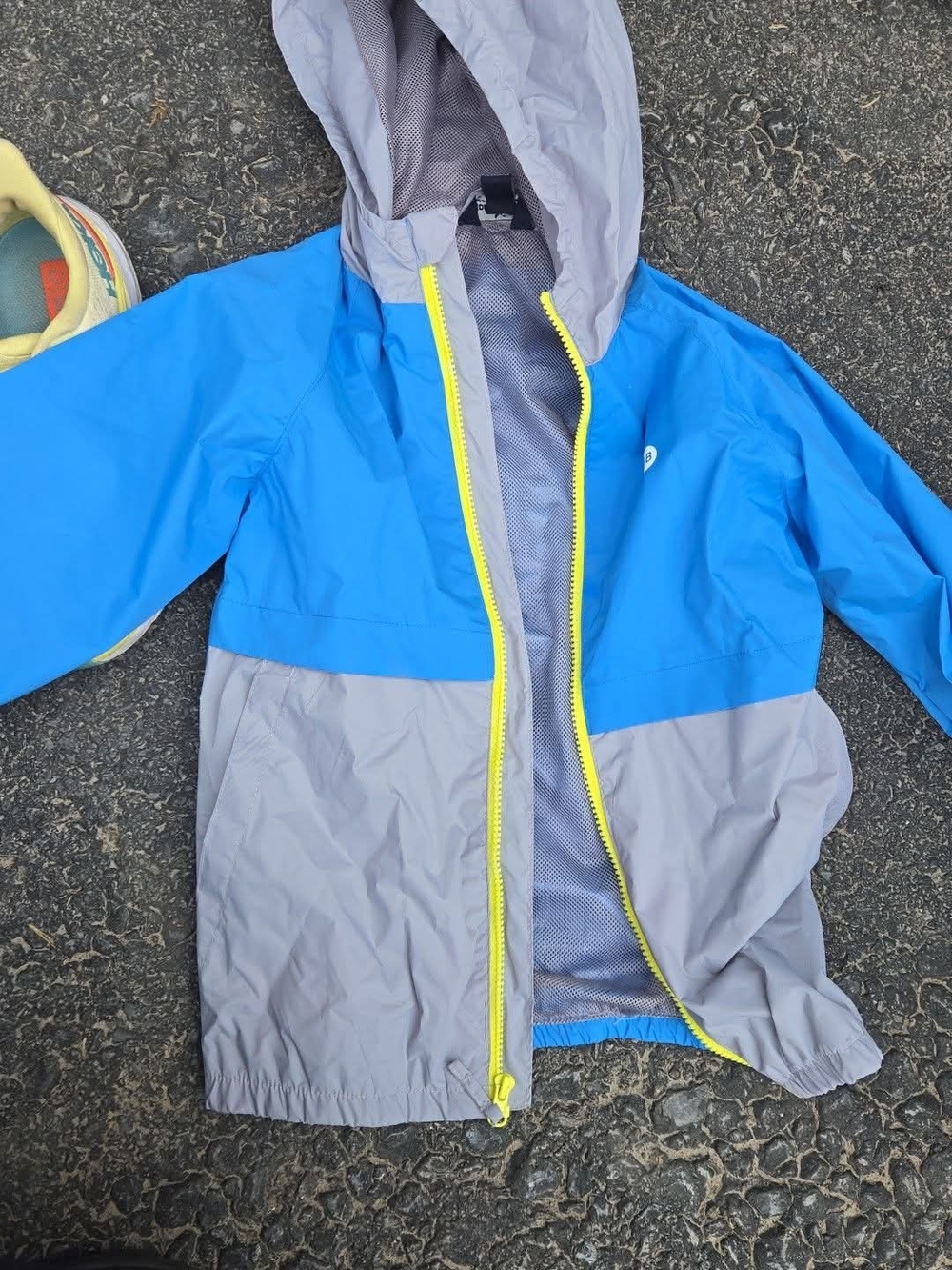 Eddie Bauer Blue and Gray Kids Hooded Windbreaker with Yellow Trim